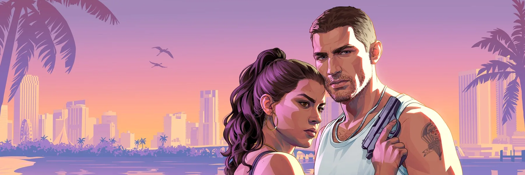 Grand Theft Auto VI — Jason and Lucia on the beach in Vice City (Rockstar Games artwork)